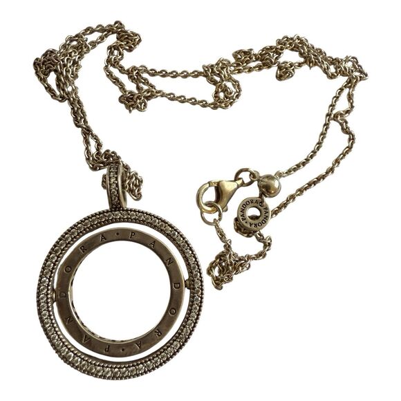 Pandora Spinning Hearts CZ & SS Necklace 13" Drop Adjustable New In Box - Picture 3 of 4